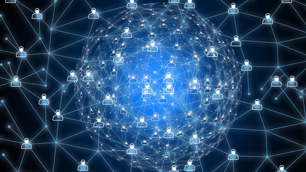 Digital illustration of a decentralized network with interconnected nodes and user icons, forming a glowing web of connections on a dark background
