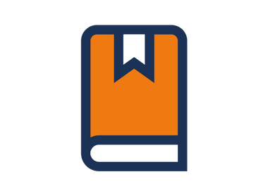 An orange graphic book, with a white ribbon on the front. The graphic is outlined in dark blue 