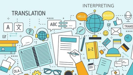 Graphic in green, yellow, white and black of different elements of translation and interpreting