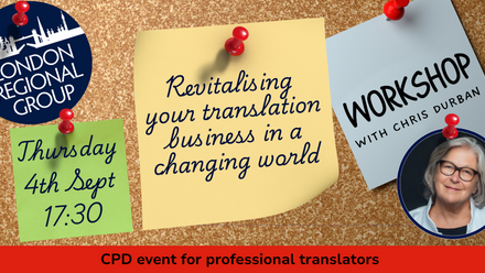 This image shows a promotional flyer for a professional development event pinned to a cork board with red push pins. 
