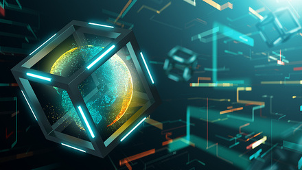 Futuristic digital illustration of interconnected 3D cubes and glowing geometric shapes, representing blockchain technology or data networks