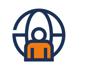 A simple, modern icon or logo design featuring a stylized globe or world symbol with a human figure silhouette in the centre