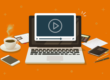 Graphic of a laptop against an orange background with a 