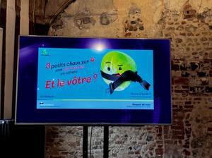 A photo of a TV screen showing a French advert displaying a small cabbage wearing a seatbelt. 
