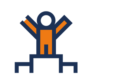 A graphic of a person stood on a plinth with their arms raised. The body of the person is in orange, and the outline of the person is in dark blue 