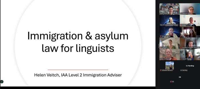 A screenshot of an online meeting called Immigration and asylum law for linguists. 