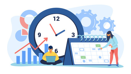 Illustration showing time management concept with clock, calendar, and figures working with schedules and charts.