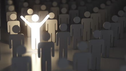 A graphic of lines people, with one with its arms raised lit up in white. The rest are in shadow 