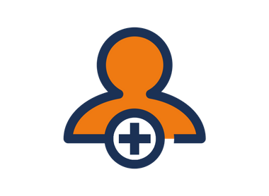 An icon of the outline of a person coloured in orange with a blue outline, with a blue plus sign in a white circle in the middle of the person's chest