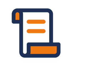 Icon of a rolled-up paper or scroll with two horizontal lines and a rectangular block in orange, outlined in dark blue.