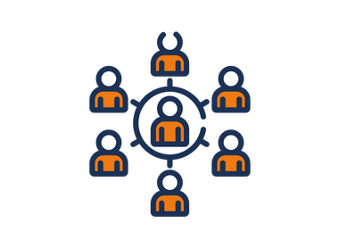 A stylized icon of a network, with one person in the middle, and 6 around the outside. The tops of the people are orange