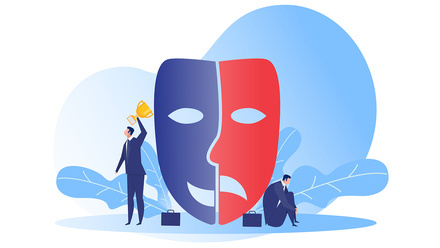 two business people beside a large theatrical mask split into happy and sad halves, representing contrasting emotions or dual perspectives