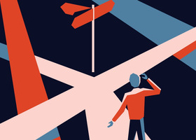 an abstract geometric illustration with intersecting colored shapes and lines in shades of orange, pink, and blue against a dark navy background