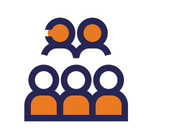 A graphic of 5 people, three below with orange tops and two above with orange heads. 