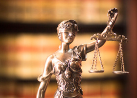 A bronze statue of Justice, blindfolded and holding aloft scales