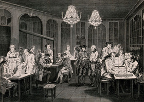 Sketch depicting historical coffee house