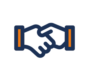Icon of two hands shaking in agreement, outlined in dark blue with orange wristbands