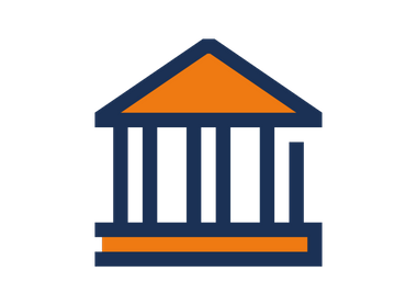 A graphic of a building, which looks like a form of Grecian-style temple. The roof and floor is orange, and the pillars are in dark clue 