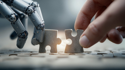A human hand and a robot hand holding jigsaw pieces. The two pieces fit together, but are not quite touching