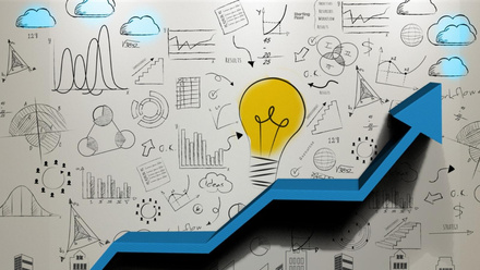 A conceptual business illustration featuring a black upward-trending arrow against a background of hand-drawn business doodles and sketches