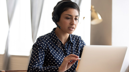 Lady remote interpreting from home