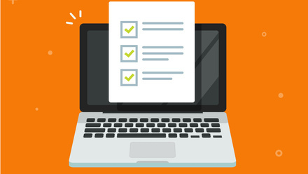 A graphic of a laptop with a list on a piece of paper - including tick boxes - coming out of the screen