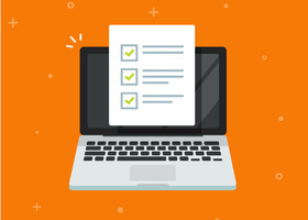 A graphic of a laptop with a list on a piece of paper - including tick boxes - coming out of the screen